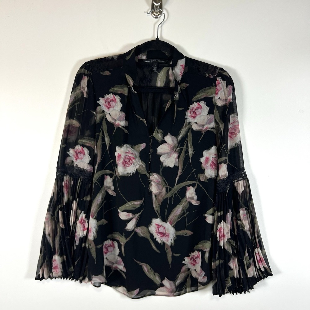 WHBM Womens Blouse Size 4 Black‎ Floral V Neck Pullover Lined Lace Bell Sleeves